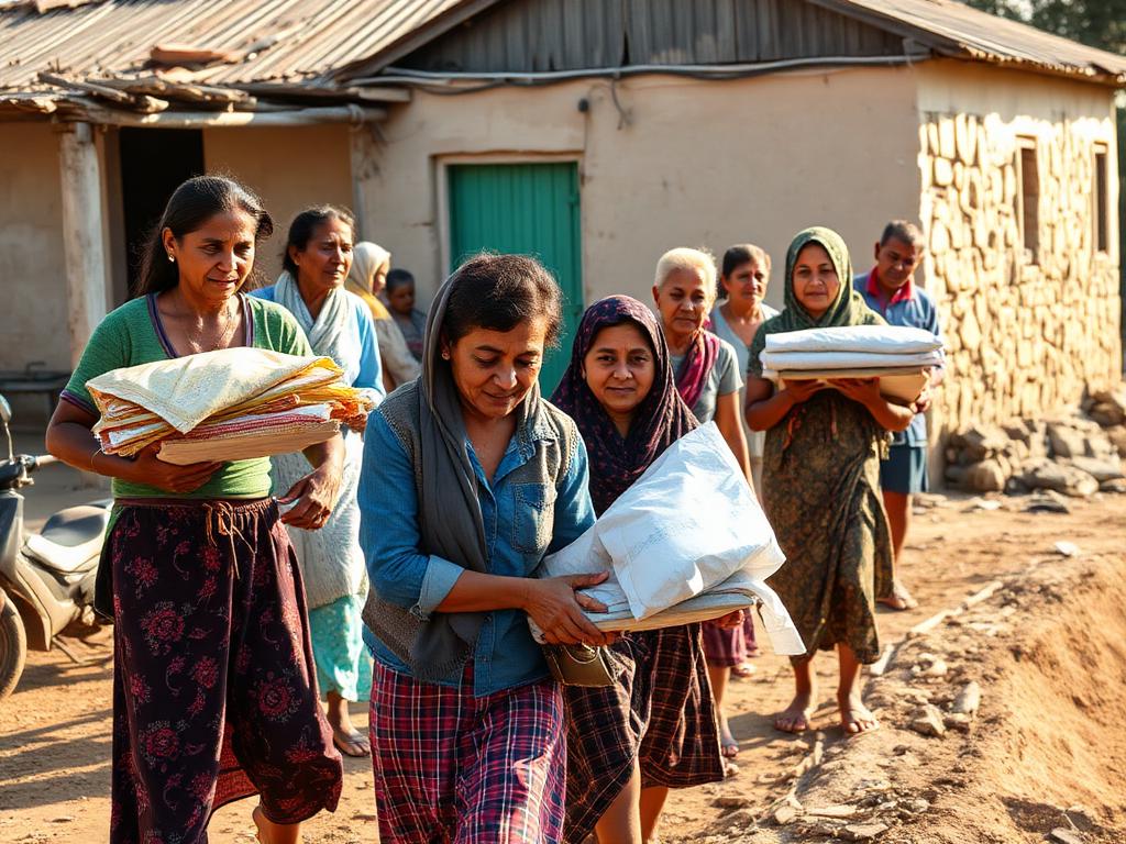 Community members working together carrying materials for a shared project