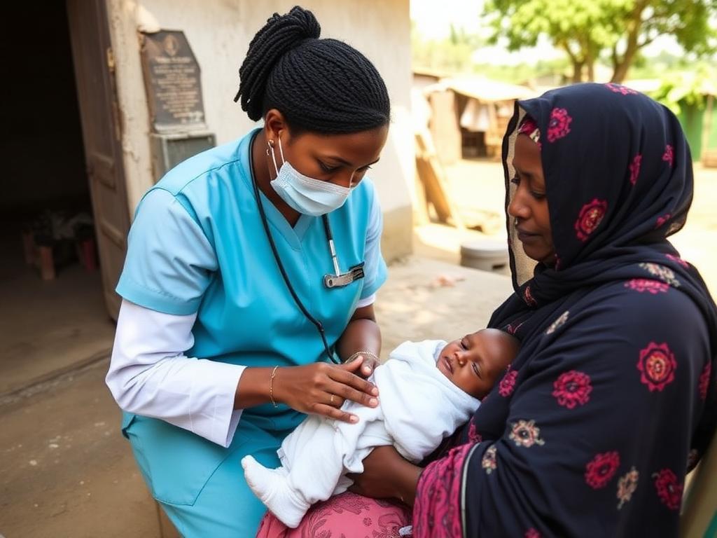 Community health worker checking on a mother and her infant