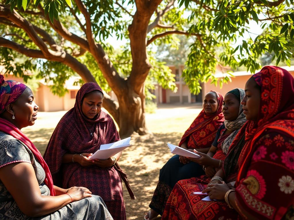 Women gathered outdoors for a community rights information session