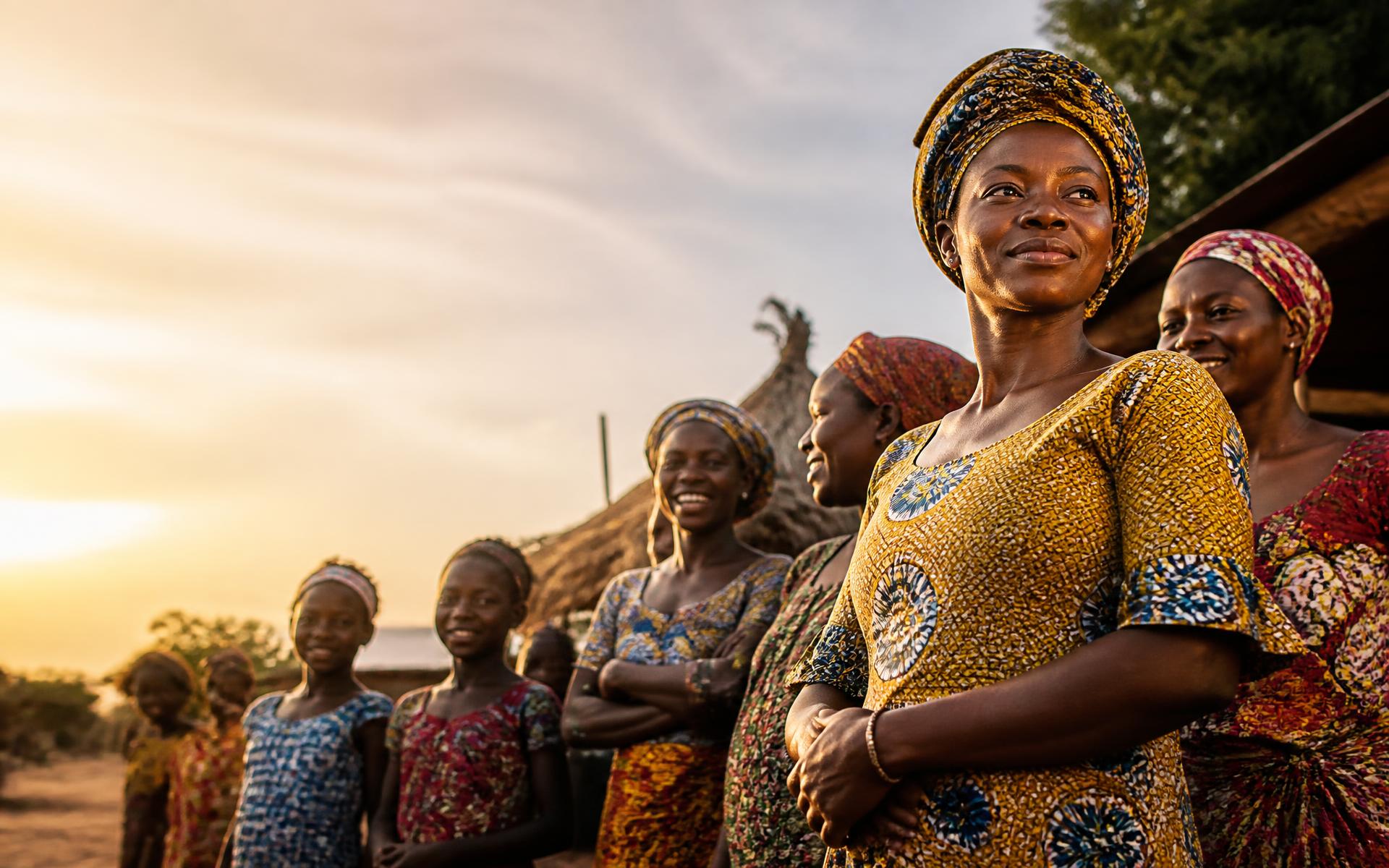 Women and girls standing together in their community at the end of the day